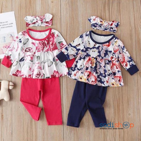 Chemisier A Motif Fleuri Pantalon Et Bandeau Pour Bebe Couleur Rouge Et Blanc Mg Sodishop