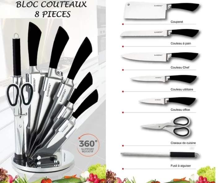 Ensemble de couteaux de cuisine, ensembles de couteaux de 15 pièces avec  couteau de chef de bloc couverts creux en acier inoxydable avec plate-forme  d'affûter manuelle interdite